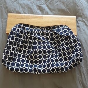 EUC  navy/white patterned canvas and wood clutch